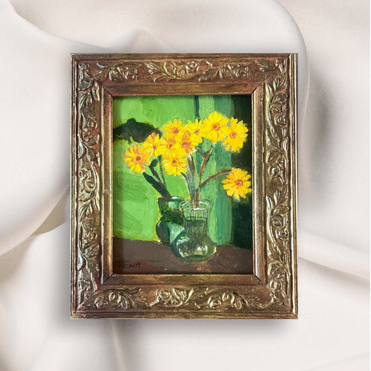 Yellow Blooms in Green Glass